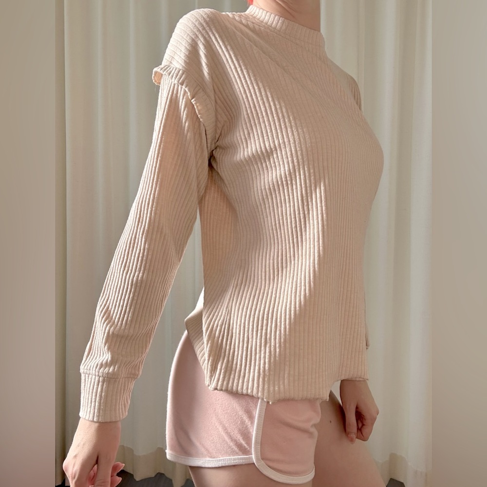 Ribbed cream beige high neck ruffled shoulder jumper sweater